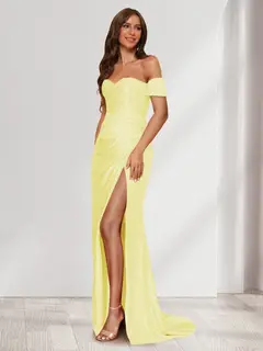 Sheath/Column One-Shoulder Sleeveless Sweep Train Evening Dresses with Split Side & Ruffles — view 8