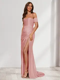 Sheath/Column One-Shoulder Sleeveless Sweep Train Evening Dresses with Split Side & Ruffles — view 14