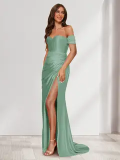 Sheath/Column One-Shoulder Sleeveless Sweep Train Evening Dresses with Split Side & Ruffles — view 17