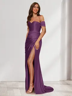 Sheath/Column One-Shoulder Sleeveless Sweep Train Evening Dresses with Split Side & Ruffles — view 21