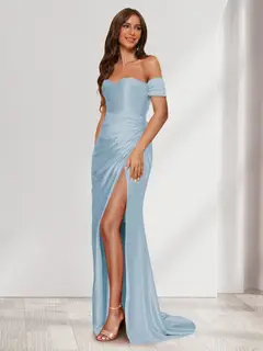 Sheath/Column One-Shoulder Sleeveless Sweep Train Evening Dresses with Split Side & Ruffles — view 26