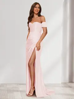 Sheath/Column One-Shoulder Sleeveless Sweep Train Evening Dresses with Split Side & Ruffles — view 30
