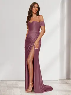 Sheath/Column One-Shoulder Sleeveless Sweep Train Evening Dresses with Split Side & Ruffles — view 35