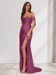 Sheath/Column One-Shoulder Sleeveless Sweep Train Evening Dresses with Split Side & Ruffles — view 45