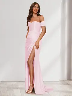 Sheath/Column One-Shoulder Sleeveless Sweep Train Evening Dresses with Split Side & Ruffles — view 48