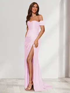 Sheath/Column One-Shoulder Sleeveless Sweep Train Evening Dresses with Split Side & Ruffles — view 49