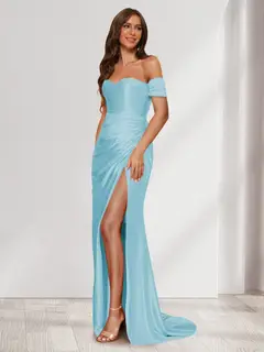 Sheath/Column One-Shoulder Sleeveless Sweep Train Evening Dresses with Split Side & Ruffles — view 56