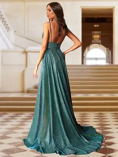 A-Line/Princess Deep V-Neck Straps Evening Dresses with Side Slit — view 2
