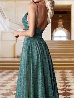 A-Line/Princess Deep V-Neck Straps Evening Dresses with Side Slit — view 5