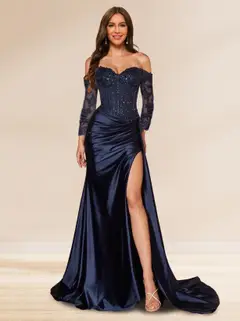 Trumpet/Mermaid Off-the-Shoulder Long Sleeves Sweep Train Sequined Evening Dresses with Split Side — view 1