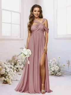 A-Line/Princess Criss Cross Floor-Length Chiffon Ruched Bridesmaid Dresses with Split Side — view 8