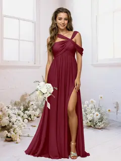 A-Line/Princess Criss Cross Floor-Length Chiffon Ruched Bridesmaid Dresses with Split Side — view 14