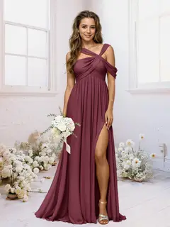 A-Line/Princess Criss Cross Floor-Length Chiffon Ruched Bridesmaid Dresses with Split Side — view 49