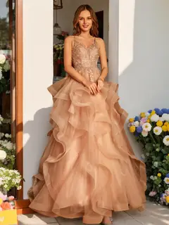 A-Line/Princess V-Neck Applique Sequins Tulle Long Prom Dresses — view 1