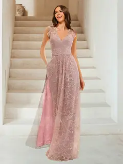 A-Line/Princess V-Neck Short Sleeves Floor-Length Evening Dresses with Lace — view 1
