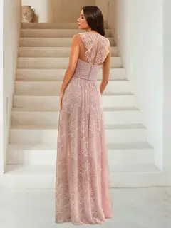 A-Line/Princess V-Neck Short Sleeves Floor-Length Evening Dresses with Lace — view 2