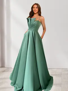 A-Line/Princess Spaghetti Straps Ruched Floor-Length Evening Dresses with Ruffles — view 1