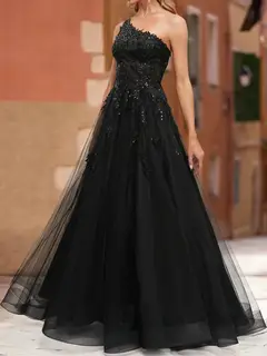 A-Line/Princess One-Shoulder Sleeveless Split Side Prom Dresses — view 3