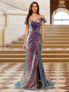 Sparkly Trumpet/Mermaid Off-the-Shoulder Long Evening Dresses with Split Side — view 1