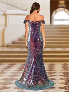 Sparkly Trumpet/Mermaid Off-the-Shoulder Long Evening Dresses with Split Side — view 2