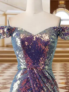 Sparkly Trumpet/Mermaid Off-the-Shoulder Long Evening Dresses with Split Side — view 3