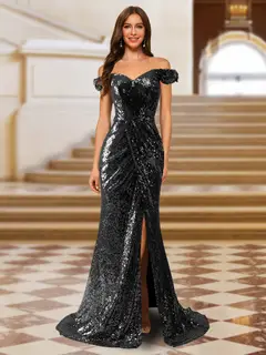 Sparkly Trumpet/Mermaid Off-the-Shoulder Long Evening Dresses with Split Side — view 6