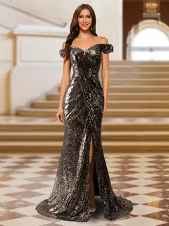 Sparkly Trumpet/Mermaid Off-the-Shoulder Long Evening Dresses with Split Side — view 7