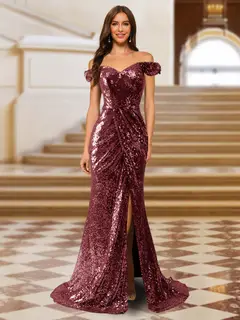 Sparkly Trumpet/Mermaid Off-the-Shoulder Long Evening Dresses with Split Side — view 8