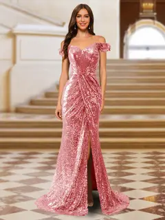 Sparkly Trumpet/Mermaid Off-the-Shoulder Long Evening Dresses with Split Side — view 9