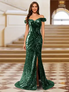 Sparkly Trumpet/Mermaid Off-the-Shoulder Long Evening Dresses with Split Side — view 10