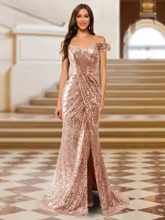 Sparkly Trumpet/Mermaid Off-the-Shoulder Long Evening Dresses with Split Side — view 11