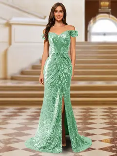 Sparkly Trumpet/Mermaid Off-the-Shoulder Long Evening Dresses with Split Side — view 12