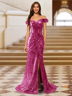 Sparkly Trumpet/Mermaid Off-the-Shoulder Long Evening Dresses with Split Side — view 13