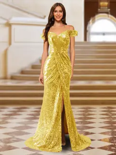 Sparkly Trumpet/Mermaid Off-the-Shoulder Long Evening Dresses with Split Side — view 14