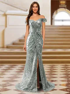 Sparkly Trumpet/Mermaid Off-the-Shoulder Long Evening Dresses with Split Side — view 15