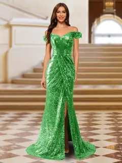 Sparkly Trumpet/Mermaid Off-the-Shoulder Long Evening Dresses with Split Side — view 16