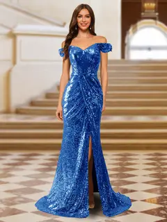 Sparkly Trumpet/Mermaid Off-the-Shoulder Long Evening Dresses with Split Side — view 17