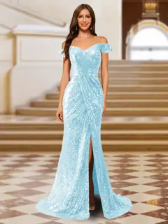 Sparkly Trumpet/Mermaid Off-the-Shoulder Long Evening Dresses with Split Side — view 18