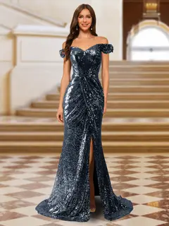 Sparkly Trumpet/Mermaid Off-the-Shoulder Long Evening Dresses with Split Side — view 19