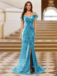 Sparkly Trumpet/Mermaid Off-the-Shoulder Long Evening Dresses with Split Side — view 20