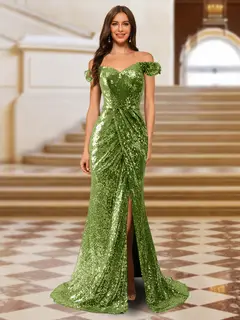 Sparkly Trumpet/Mermaid Off-the-Shoulder Long Evening Dresses with Split Side — view 21
