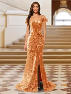 Sparkly Trumpet/Mermaid Off-the-Shoulder Long Evening Dresses with Split Side — view 22