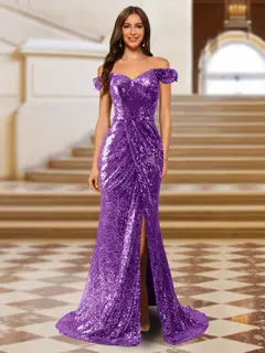 Sparkly Trumpet/Mermaid Off-the-Shoulder Long Evening Dresses with Split Side — view 23