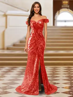 Sparkly Trumpet/Mermaid Off-the-Shoulder Long Evening Dresses with Split Side — view 24