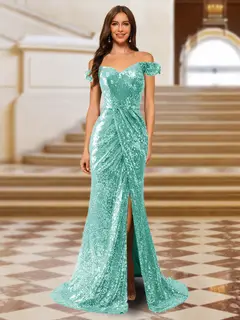 Sparkly Trumpet/Mermaid Off-the-Shoulder Long Evening Dresses with Split Side — view 26
