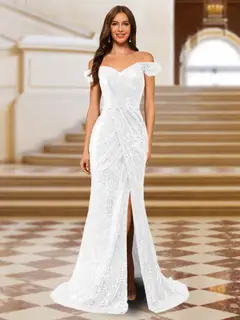 Sparkly Trumpet/Mermaid Off-the-Shoulder Long Evening Dresses with Split Side — view 27