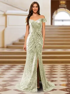 Sparkly Trumpet/Mermaid Off-the-Shoulder Long Evening Dresses with Split Side — view 28