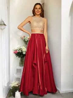 A-Line/Princess Scoop Sleeveless Sequins Two-Piece Long Prom Dresses — view 1