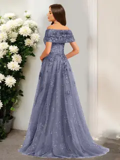A-Line/Princess Off-the-Shoulder Short Sleeves Sequins Prom Dresses — view 2