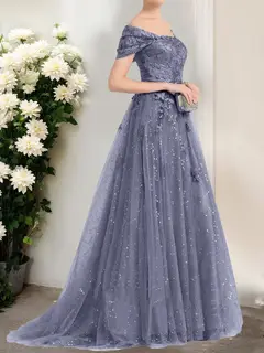 A-Line/Princess Off-the-Shoulder Short Sleeves Sequins Prom Dresses — view 3